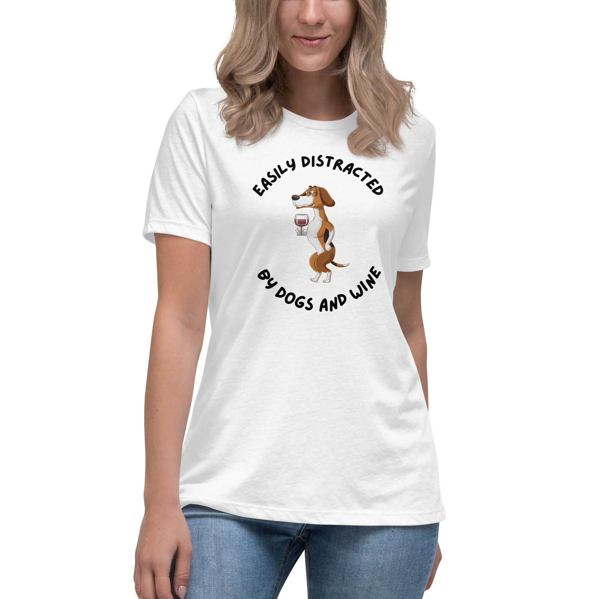 Women's Premium Cotton Relaxed T-Shirt - Easily Distracted By Dogs & Wine